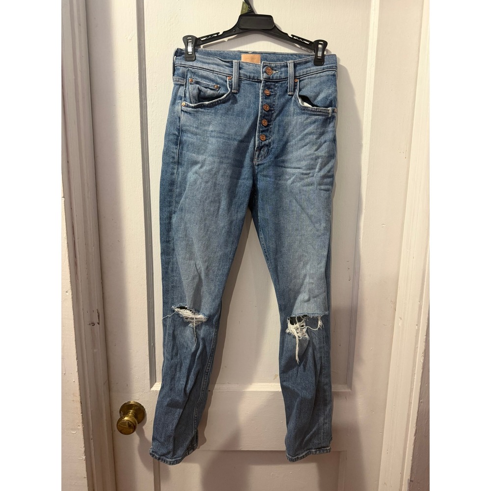 Mother The Pixie Tomcat Crop Distressed Button Fly Jeans Blue Denim 25